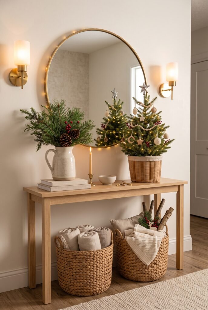 Christmas entryway console with greenery, candles, mirror, and seasonal decor