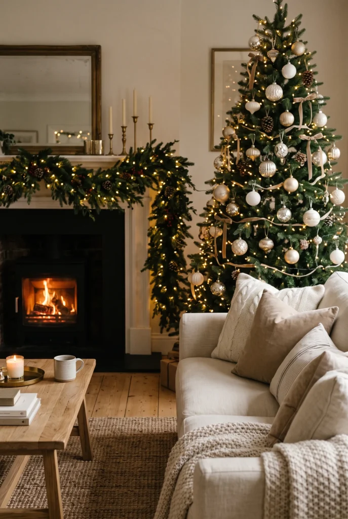Cozy Christmas living room illuminated by warm white fairy lights and fireplace glow