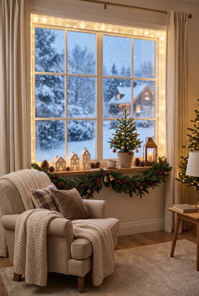Open kitchen shelves decorated with Christmas ceramics, greenery, pinecones, and brass accents