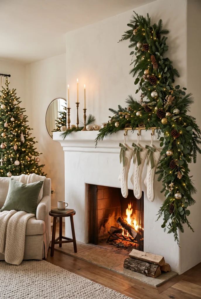Asymmetrical Christmas mantel with evergreen garland, brass candlesticks, candles, and ivory stockings