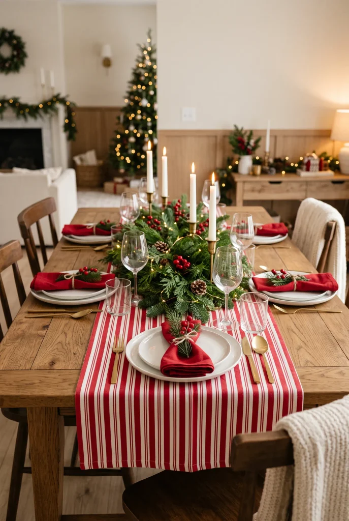 Christmas dining table with a red and white candy cane striped table runner