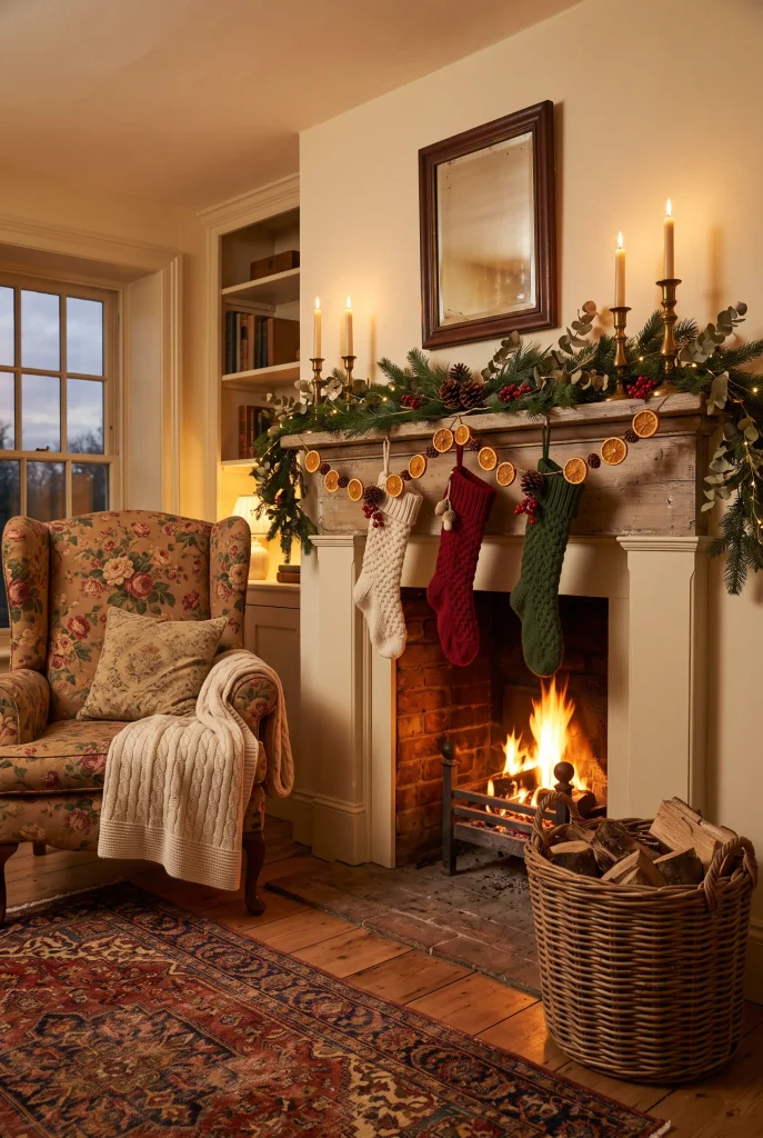 Cozy cottage fireplace decorated with greenery, pinecones, dried oranges, and stockings