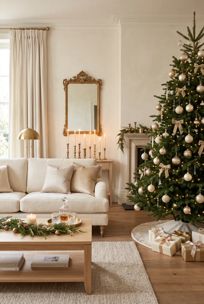 Built-in living room shelves decorated with miniature Christmas trees and ceramic houses