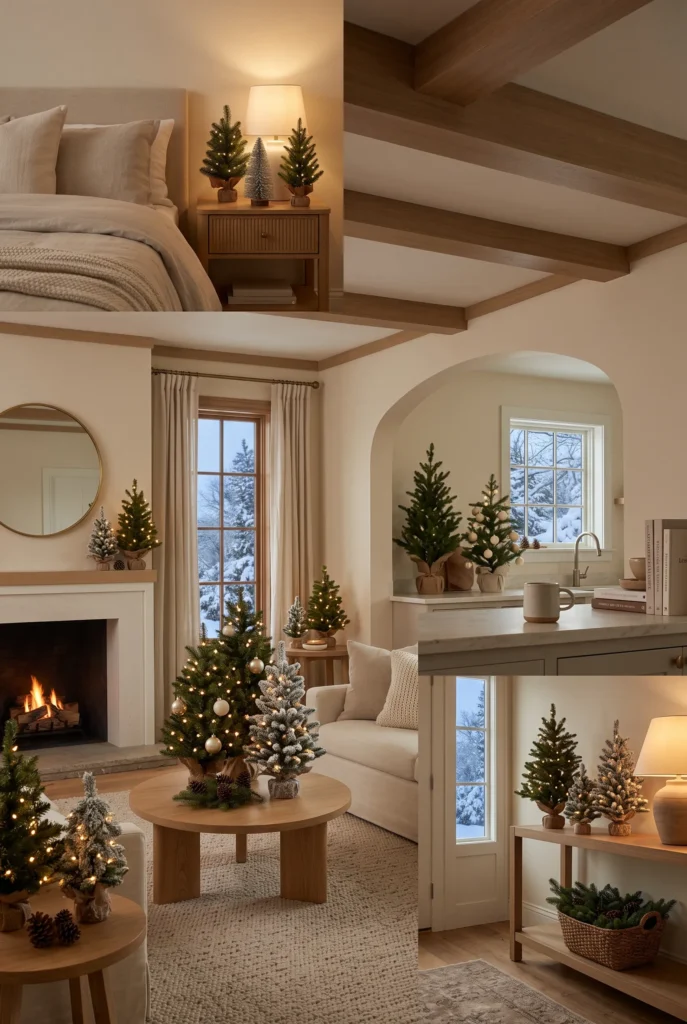Neutral Christmas living room with cream, green, and natural wood decorations