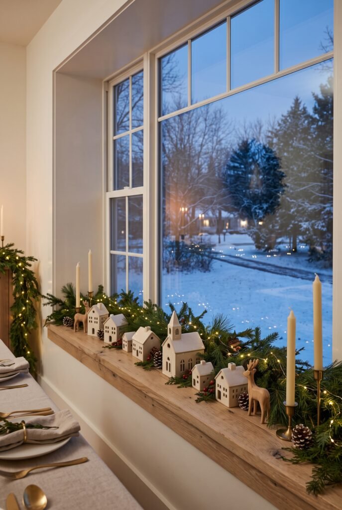 Christmas window display with greenery, lights, candles, and winter accents