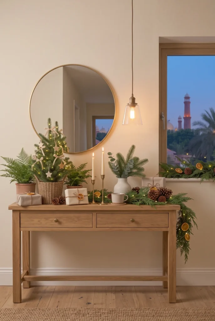Christmas console table decorated with evergreen branches, candles, and a miniature tree