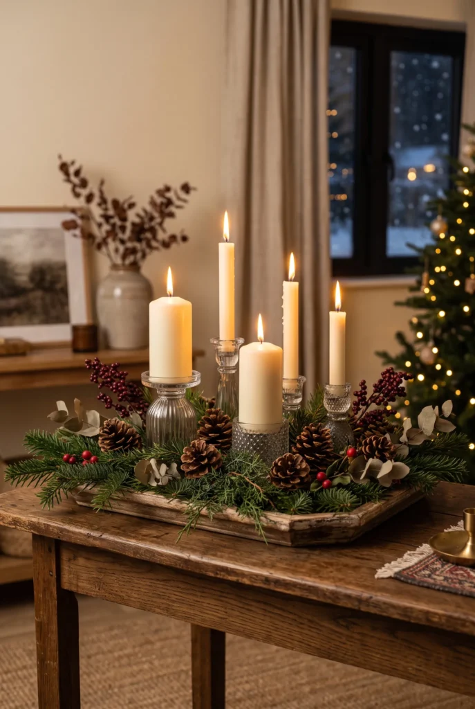 Cozy Christmas candles displayed with evergreen branches and pinecones