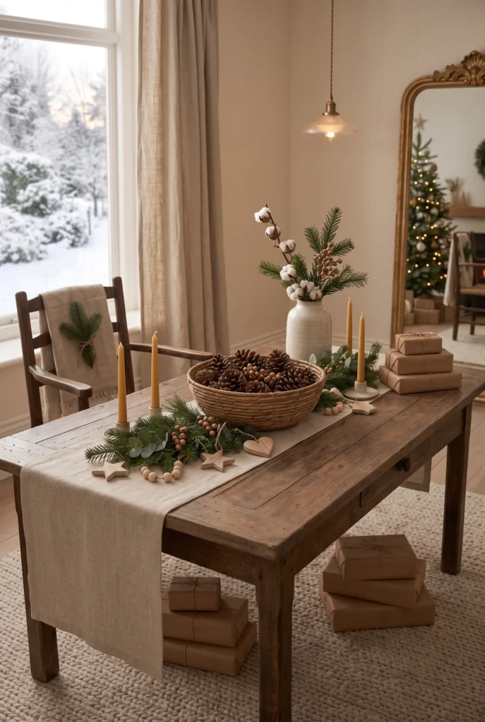 Natural pinecones arranged in a bowl with evergreen branches on a Christmas coffee table.