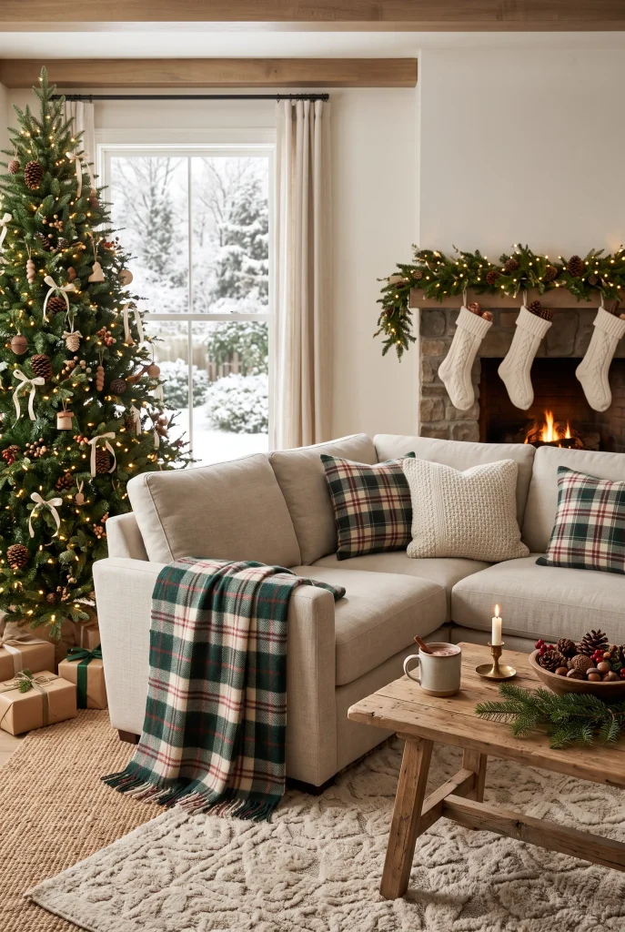 Elegant Christmas living room decorated with brass and gold accents