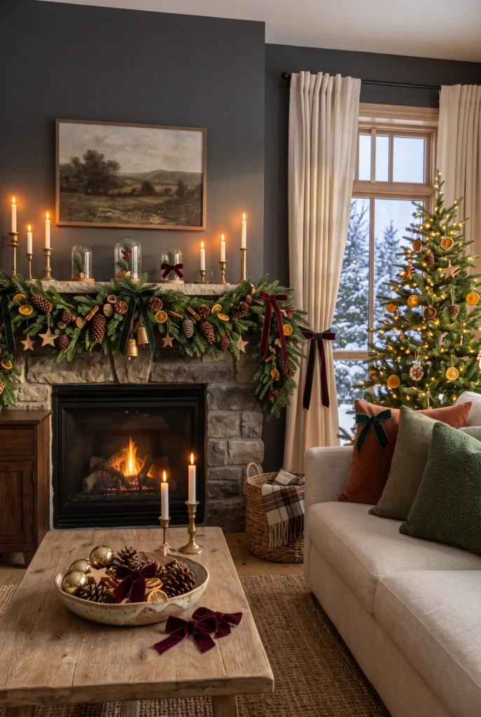 Open kitchen shelves styled with Christmas greenery, ceramics, pinecones, and ornaments