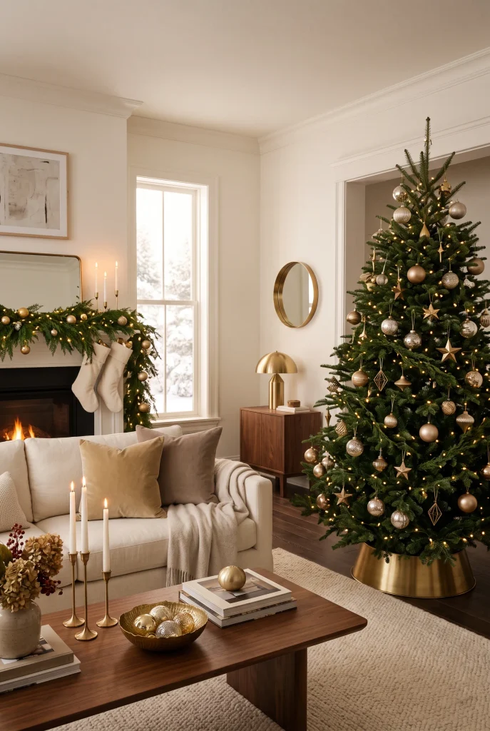 Minimalist Christmas living room with simple tree and neutral decorations