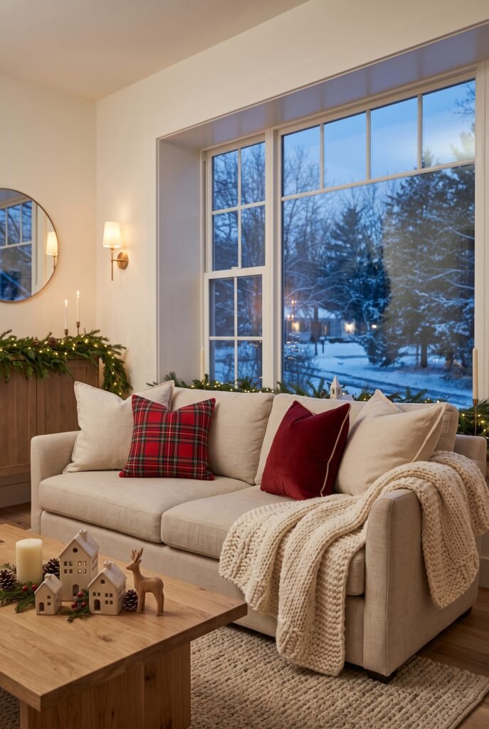 Cozy Christmas sofa styled with plaid pillows, knitted throw, and seasonal accents