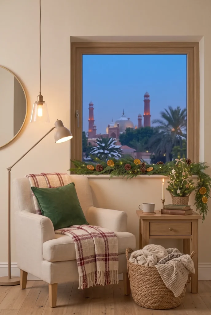 Cozy Christmas reading nook with armchair, festive cushions, blanket, and small tree
