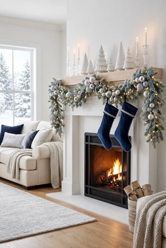 Blue and silver Christmas fireplace with frosted greenery and navy stockings