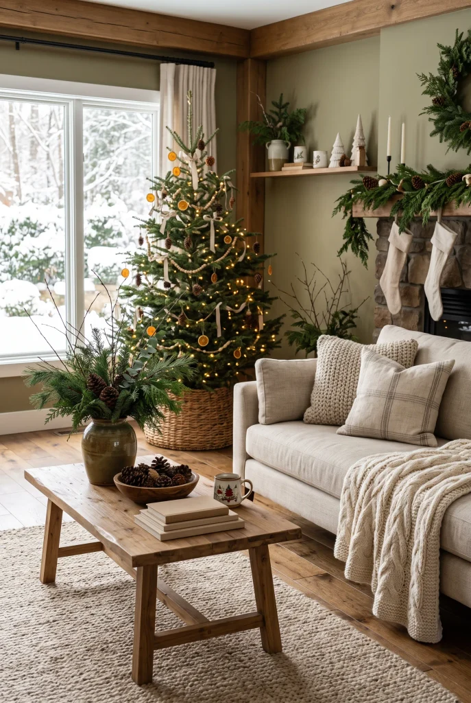 Natural Christmas living room decorated with pinecones, evergreen branches, and wood accents