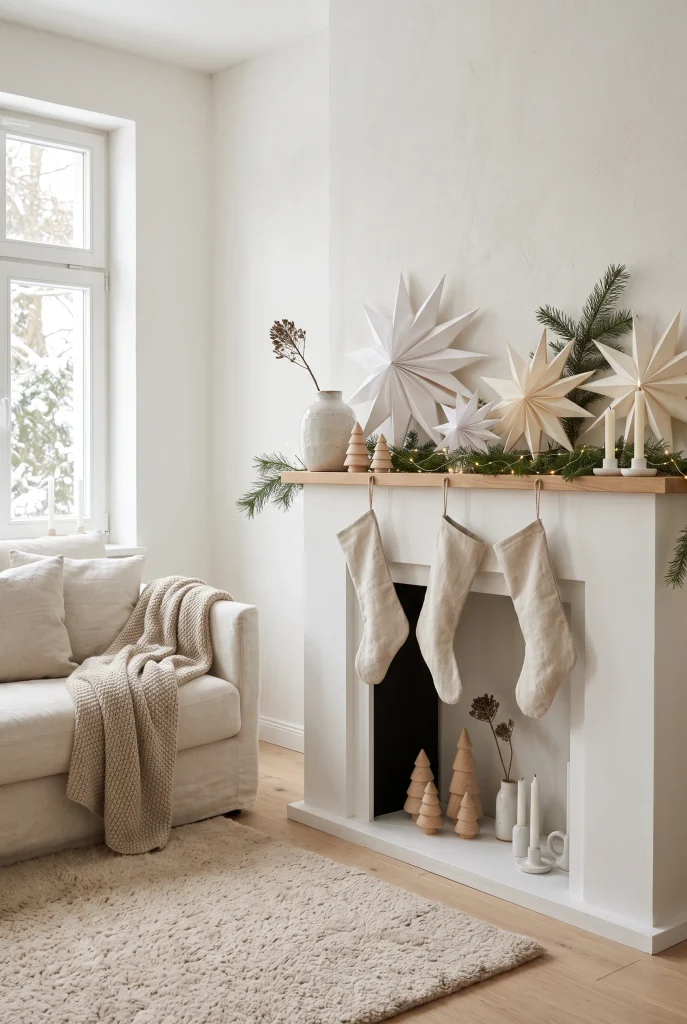 Scandinavian Christmas mantel with paper stars, evergreen branches, wooden decorations, and warm lights