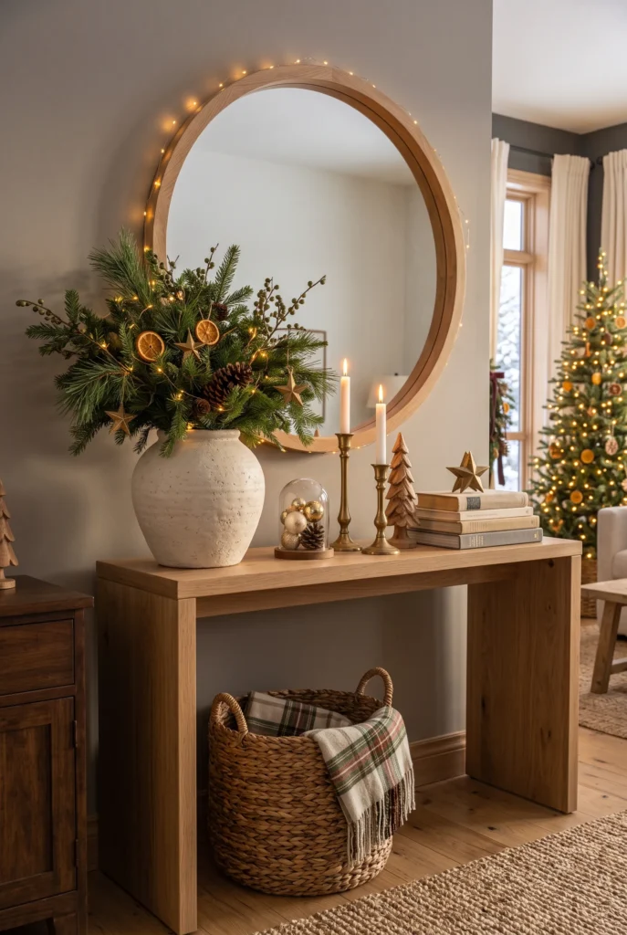 Christmas console table with evergreen branches, brass candles, pinecones, and mirror