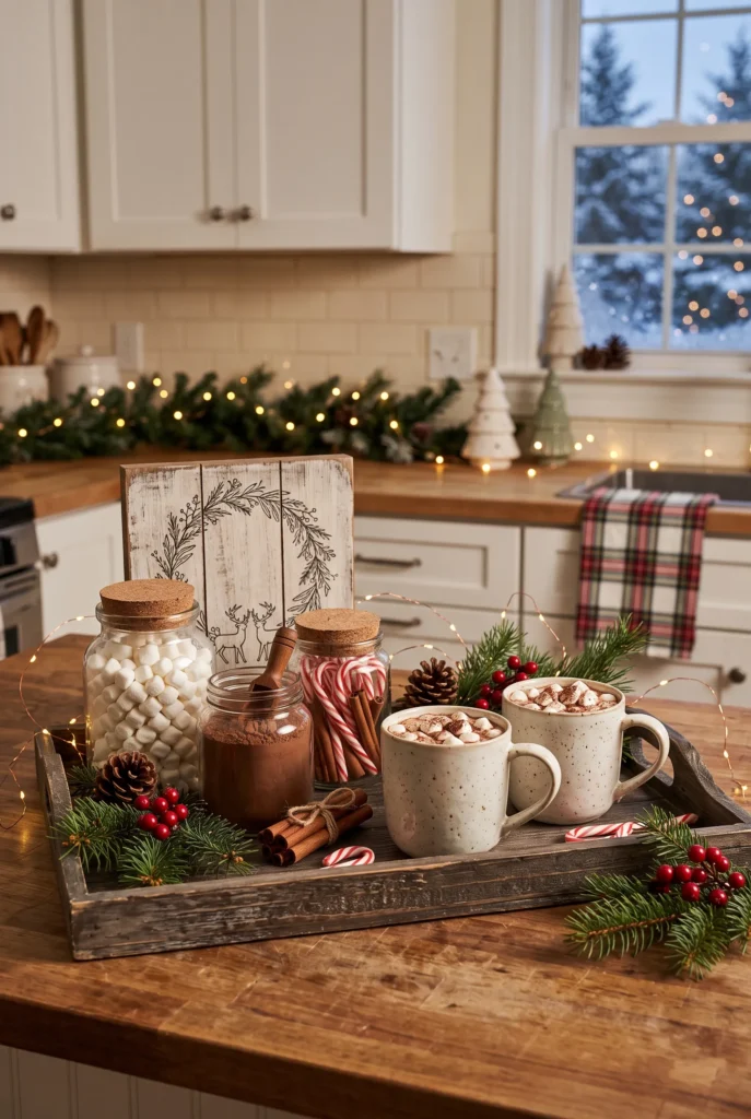 Christmas hot cocoa station with mugs, marshmallows, and festive decorations