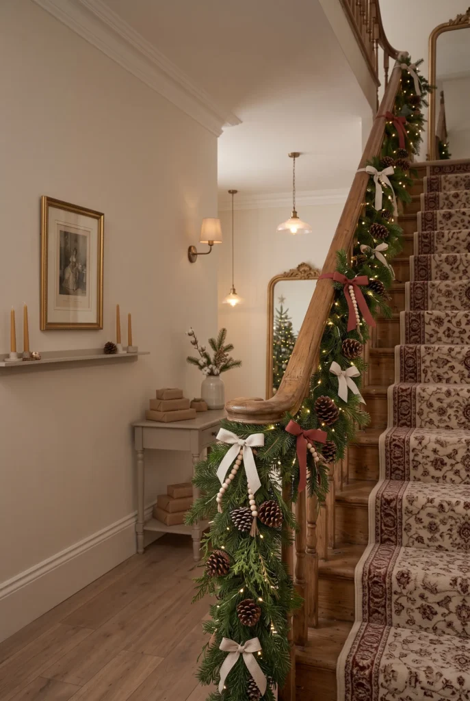 Christmas staircase decorated with evergreen garland, warm lights, and seasonal ribbons.