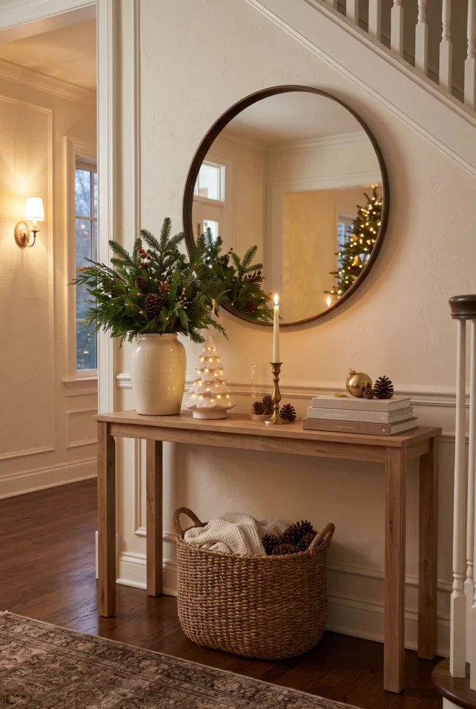 Christmas console table vignette with evergreen branches, ceramic tree, candles, and mirror