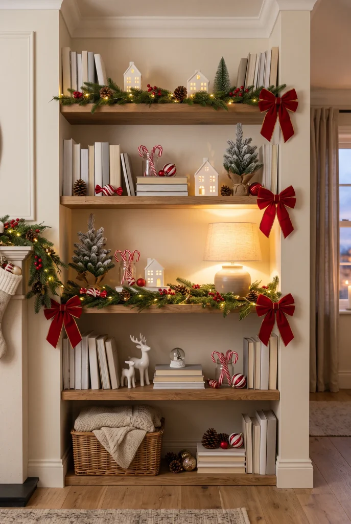 Christmas bookshelf decorated with red ornaments, white ceramics, and miniature evergreens