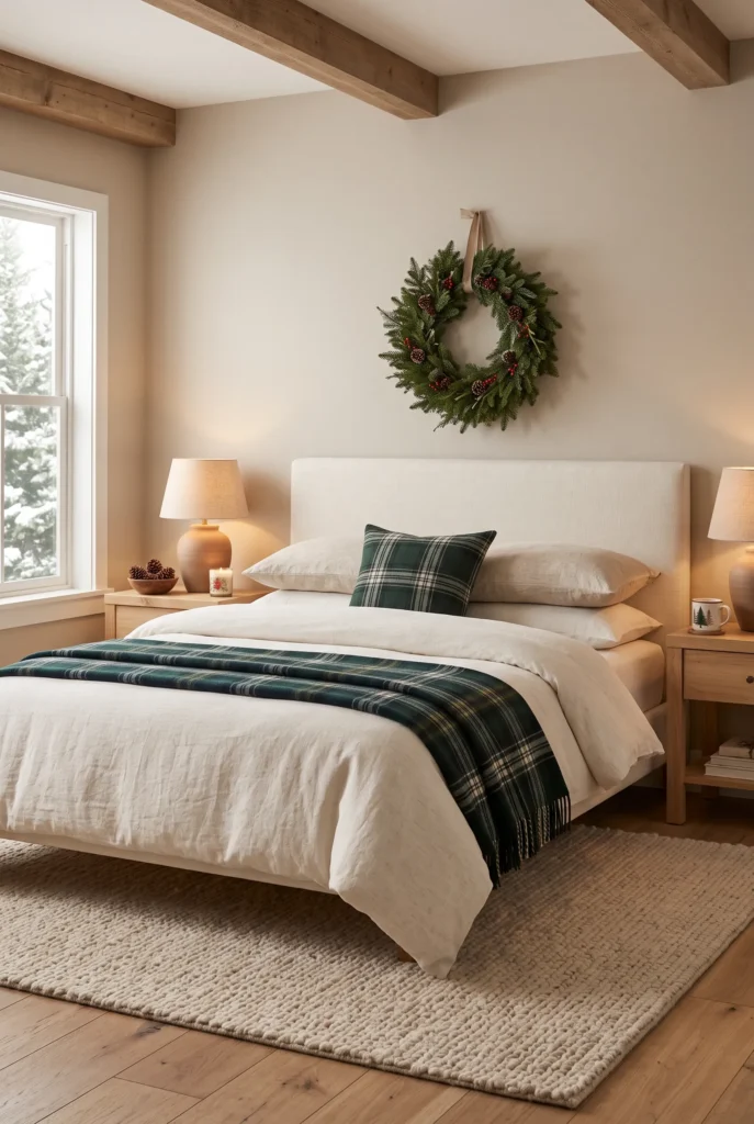 Christmas bedroom decorated with forest green plaid throw and subtle evergreen accents