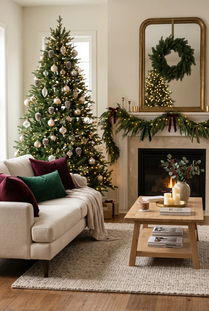 Elegant Christmas living room with deep green and burgundy velvet accents