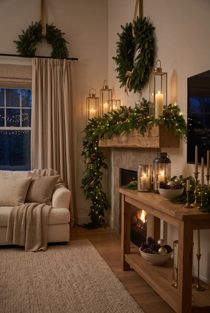 Christmas living room decorated with lanterns, candles, evergreen branches, and warm lights