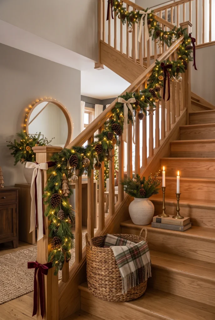 Staircase decorated with evergreen Christmas garland, warm lights, and velvet ribbon