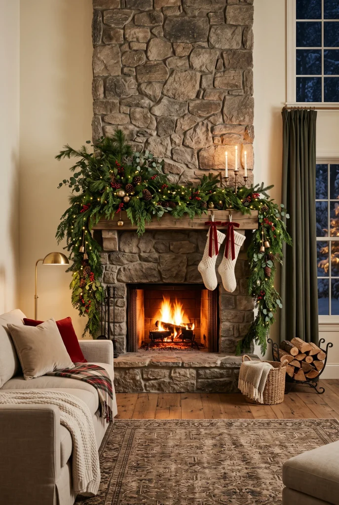 Christmas fireplace with cascading evergreen branches, stockings, ribbons, and lights