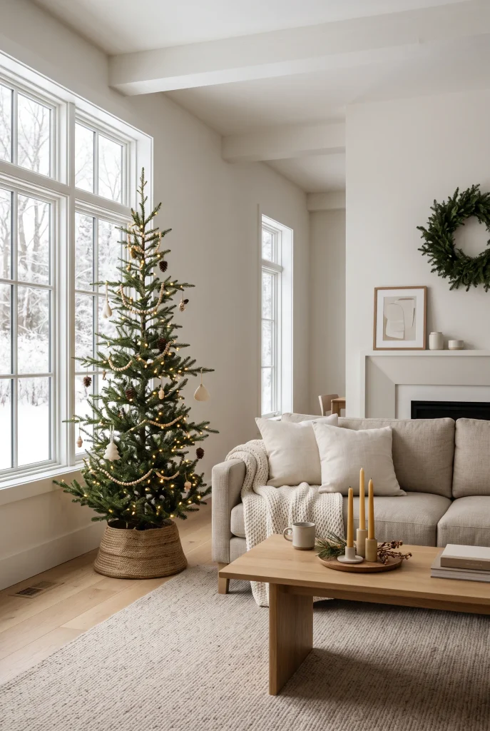 Living room windows decorated with evergreen garland and warm Christmas lights