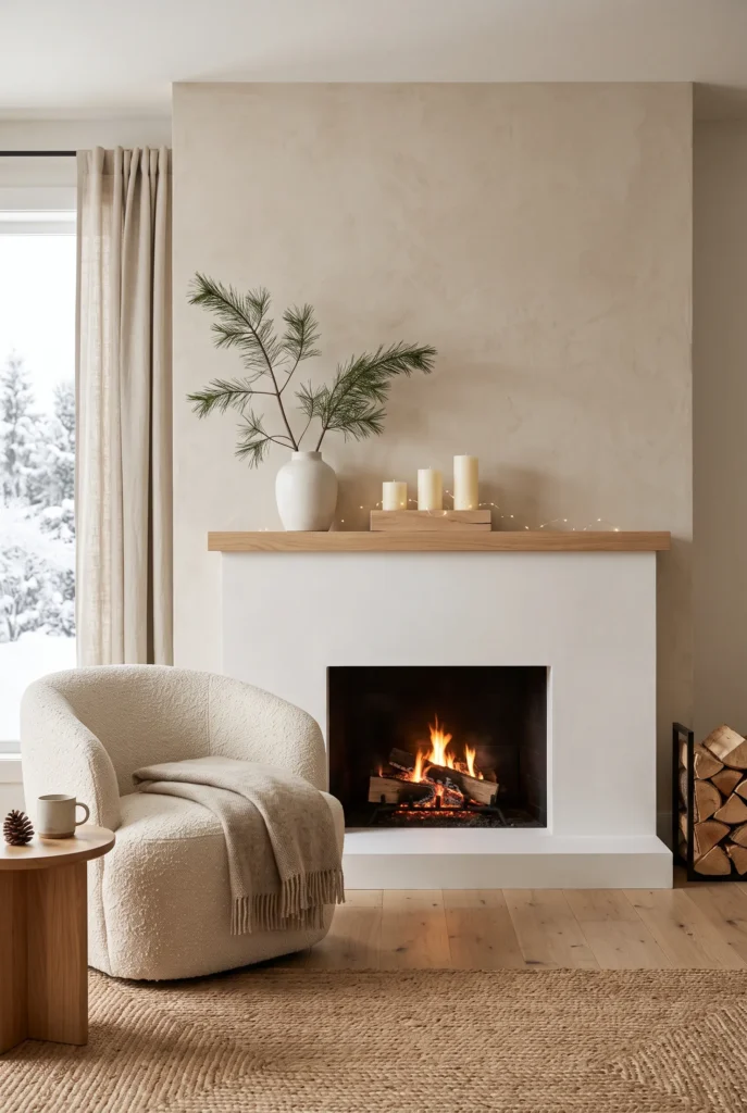 Minimalist Christmas mantel with evergreen branches, ivory candles, and neutral decor