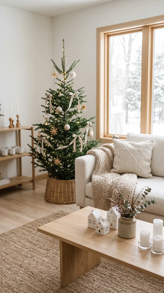 Scandinavian-inspired Christmas living room with neutral colors, pale wood, and simple greenery