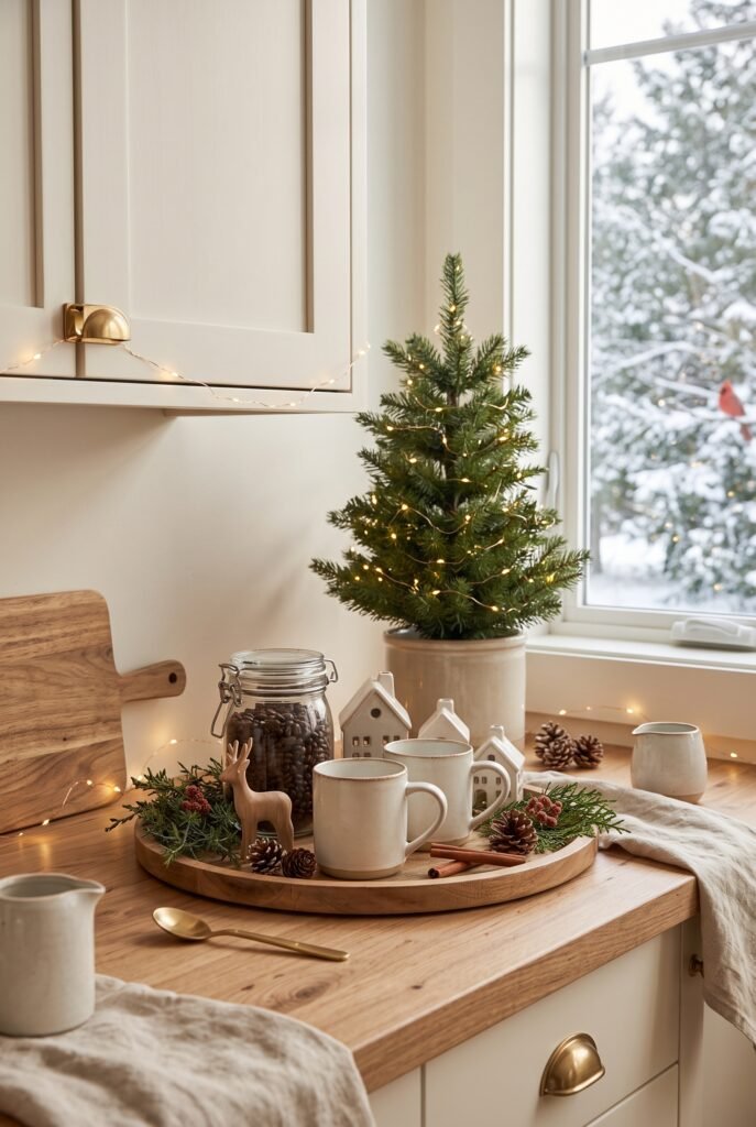Christmas coffee station with ceramic mugs, greenery, and warm seasonal lighting