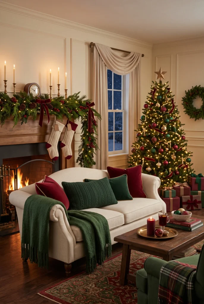 Traditional Christmas living room with red and green holiday accents