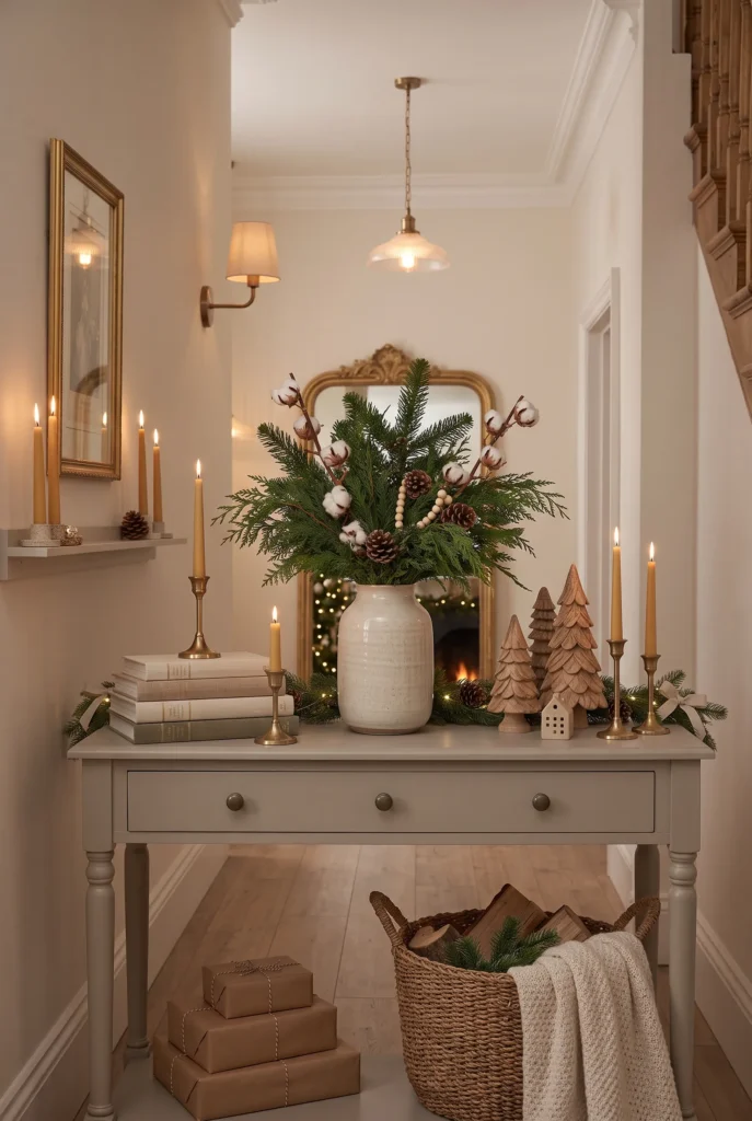 Christmas console table with evergreen vase arrangement, mirror, candles, and wooden accents.