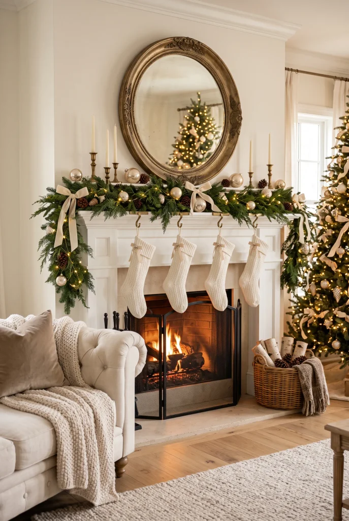 Christmas mantel with evergreen garland, antique mirror, brass candlesticks, stockings, and gold ornaments