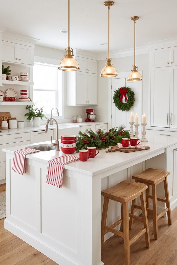 White kitchen island decorated with evergreen centerpiece and red and white accents