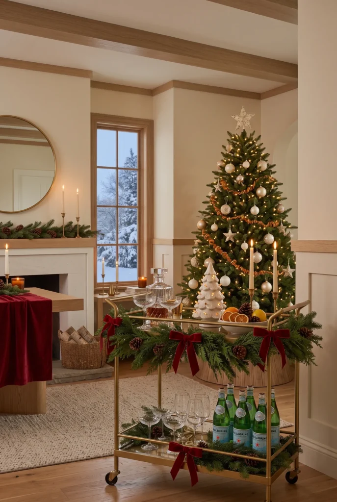 Cozy Christmas reading nook with armchair, throw, small tree, and warm lighting