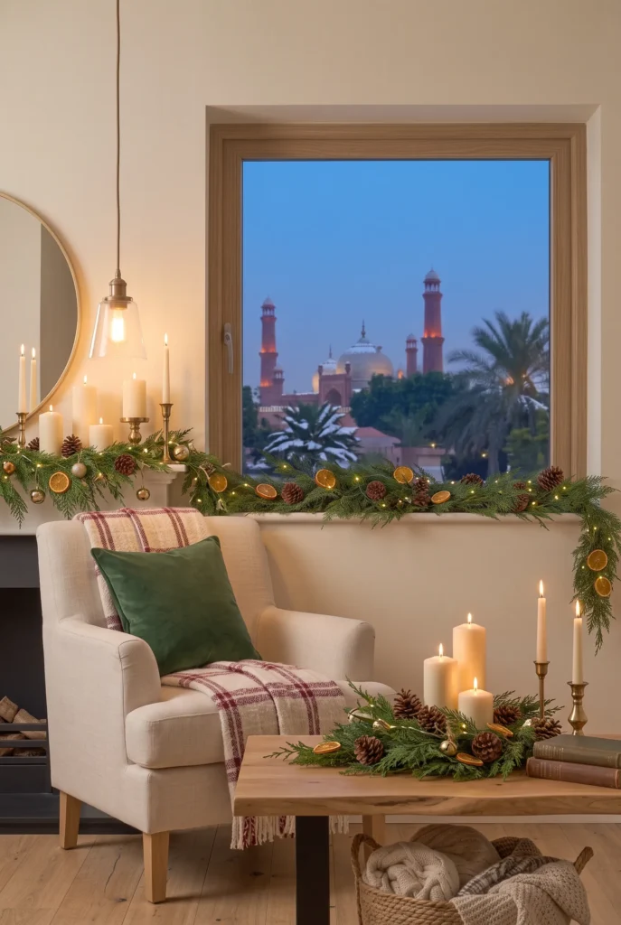 Christmas mantel and coffee table decorated with candles, greenery, and brass accents