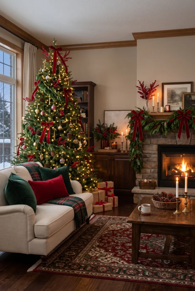 Traditional Christmas living room with red and green accents, evergreen garland, and warm lights