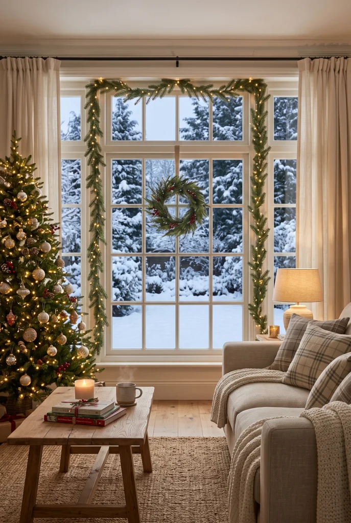 Christmas living room with miniature trees arranged on a console and mantel
