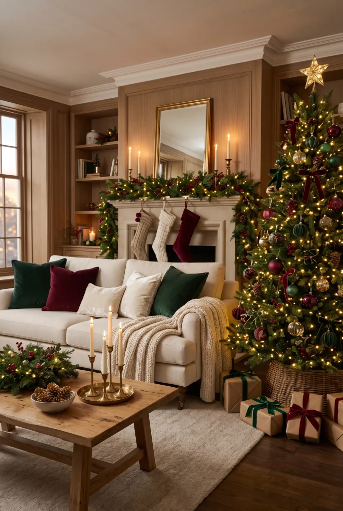 Cream sofa decorated with velvet Christmas pillows in green, burgundy, and ivory