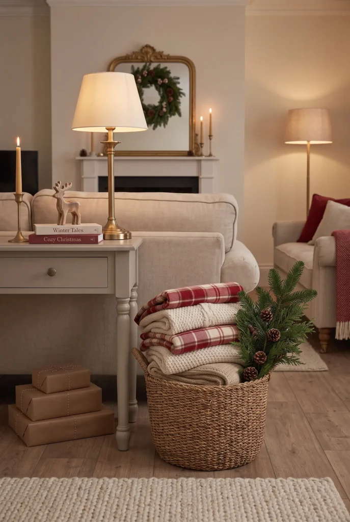 Woven basket filled with cozy Christmas blankets beside a decorated living room sofa.