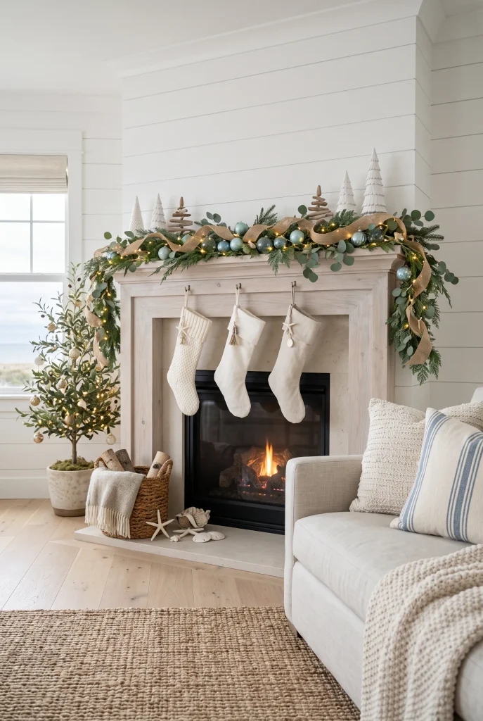Coastal Christmas mantel with greenery, ivory stockings, pale blue ornaments, and natural wood accents