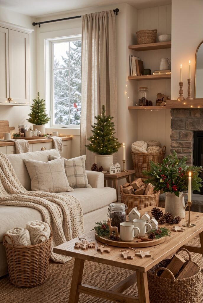 Rustic Christmas decor featuring natural wood ornaments, pinecones, greenery, and warm lights
