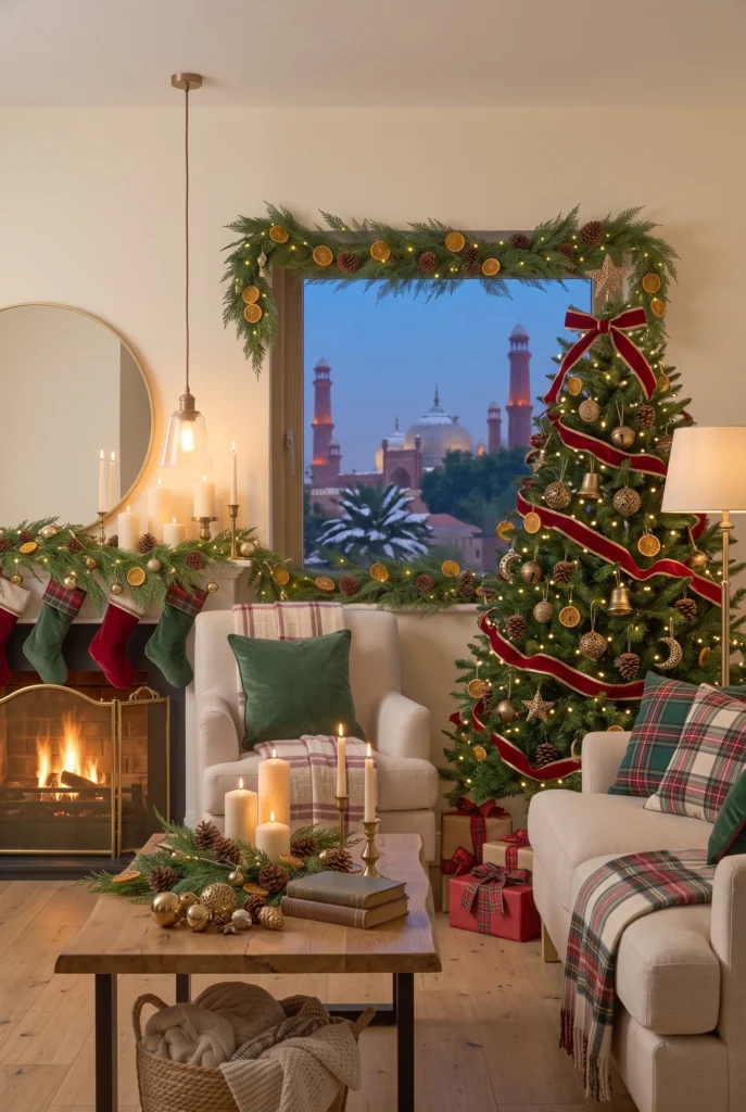 Traditional Christmas living room with red and green decorations and evergreen garland