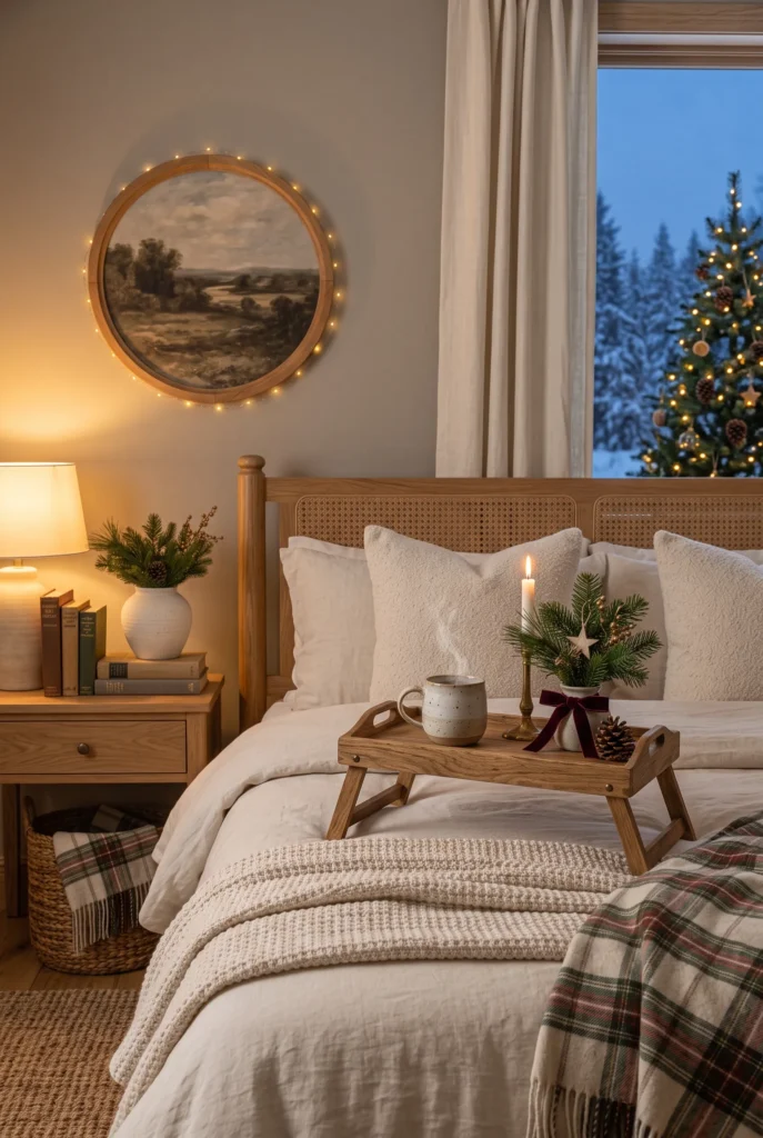 Christmas bedroom tray with evergreen branch, ceramic mug, candle, and knit blanket