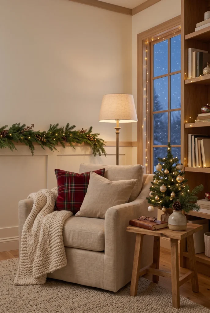Christmas mantel decorated with candles, greenery, pinecones, and berries