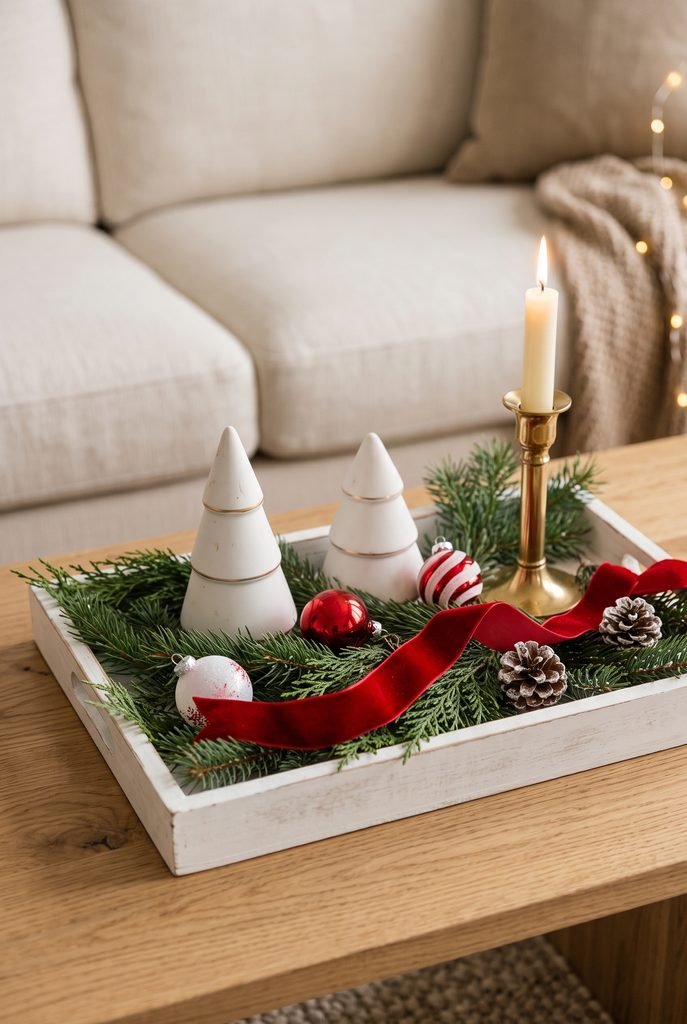 White Christmas tray filled with red and white ornaments, greenery, and candy cane decor